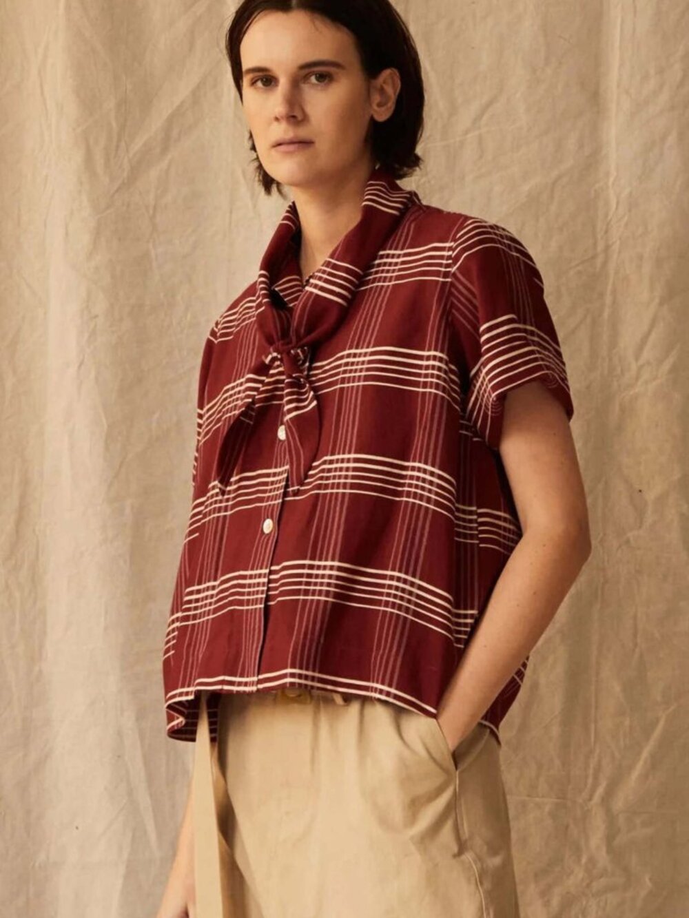 Wesley Top in Crimson Embroidered Plaid